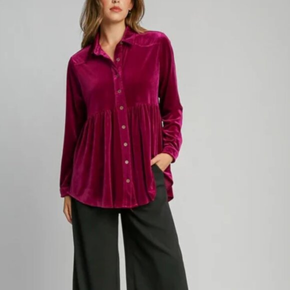 Umgee Tops - UMGEE Velvet Button Down Collared Tunic Top Ruby Pink Womans XL Long Sleeve